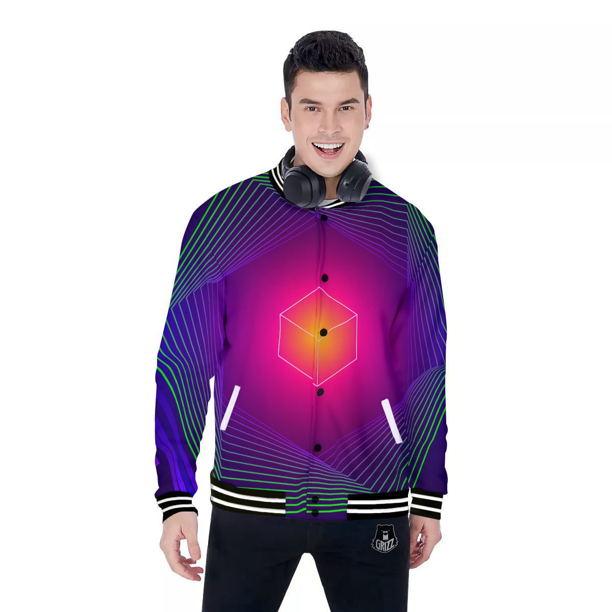 Geometric EDM Colorful Print Baseball Jacket-grizzshop