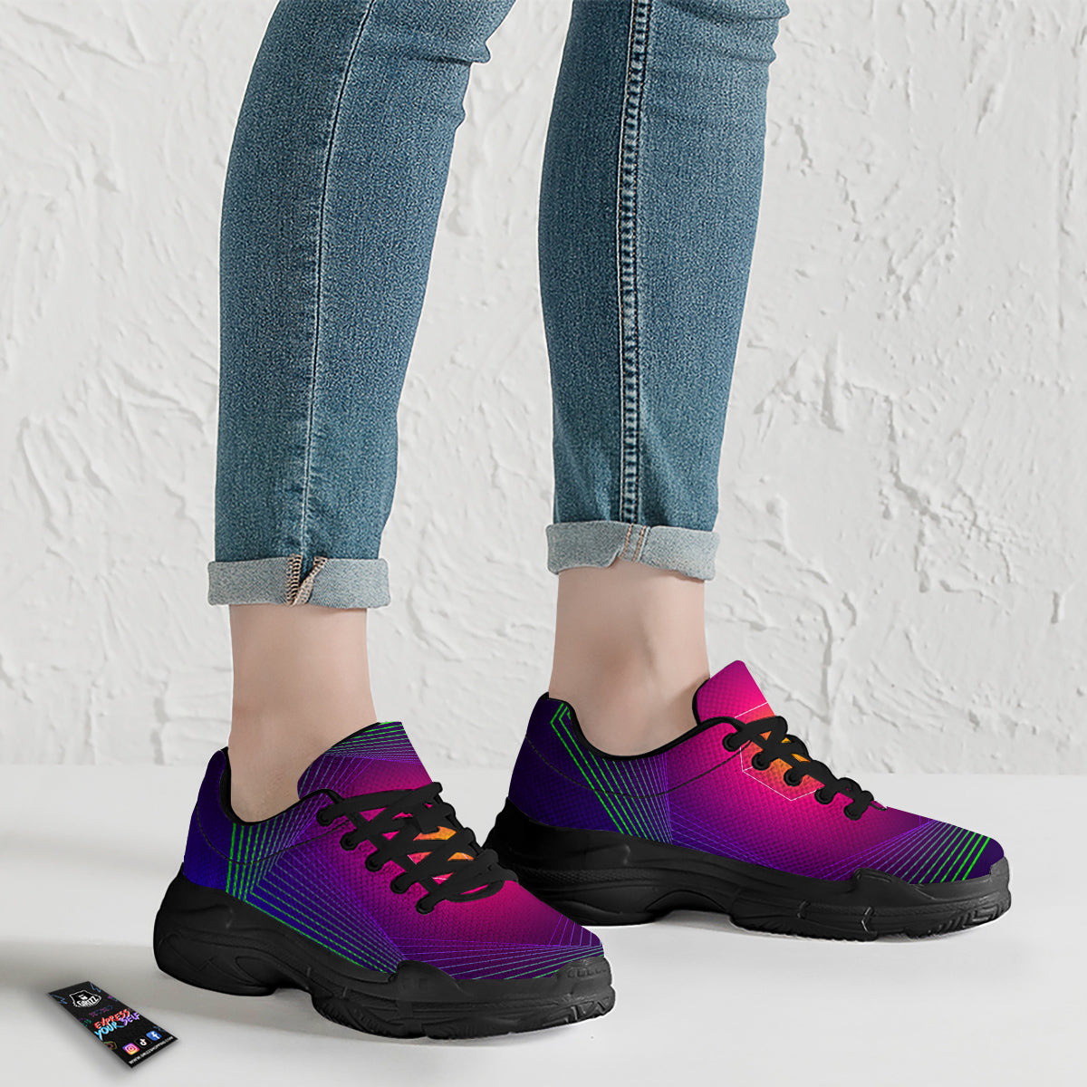 Geometric EDM Colorful Print Black Chunky Shoes-grizzshop