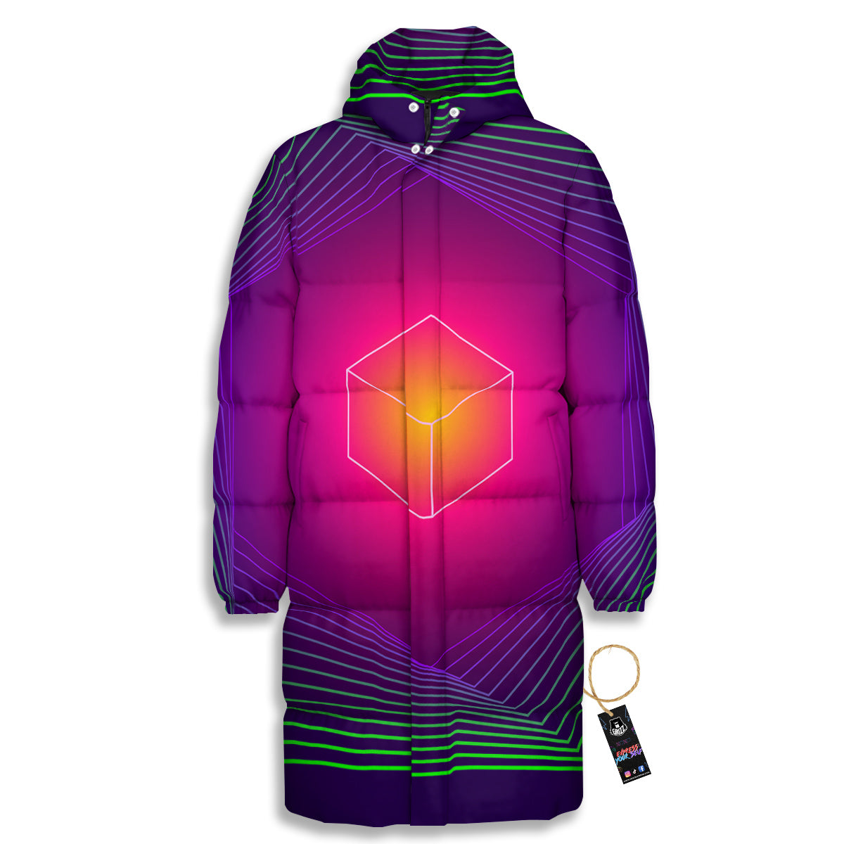 Geometric EDM Colorful Print Long Down Jacket-grizzshop