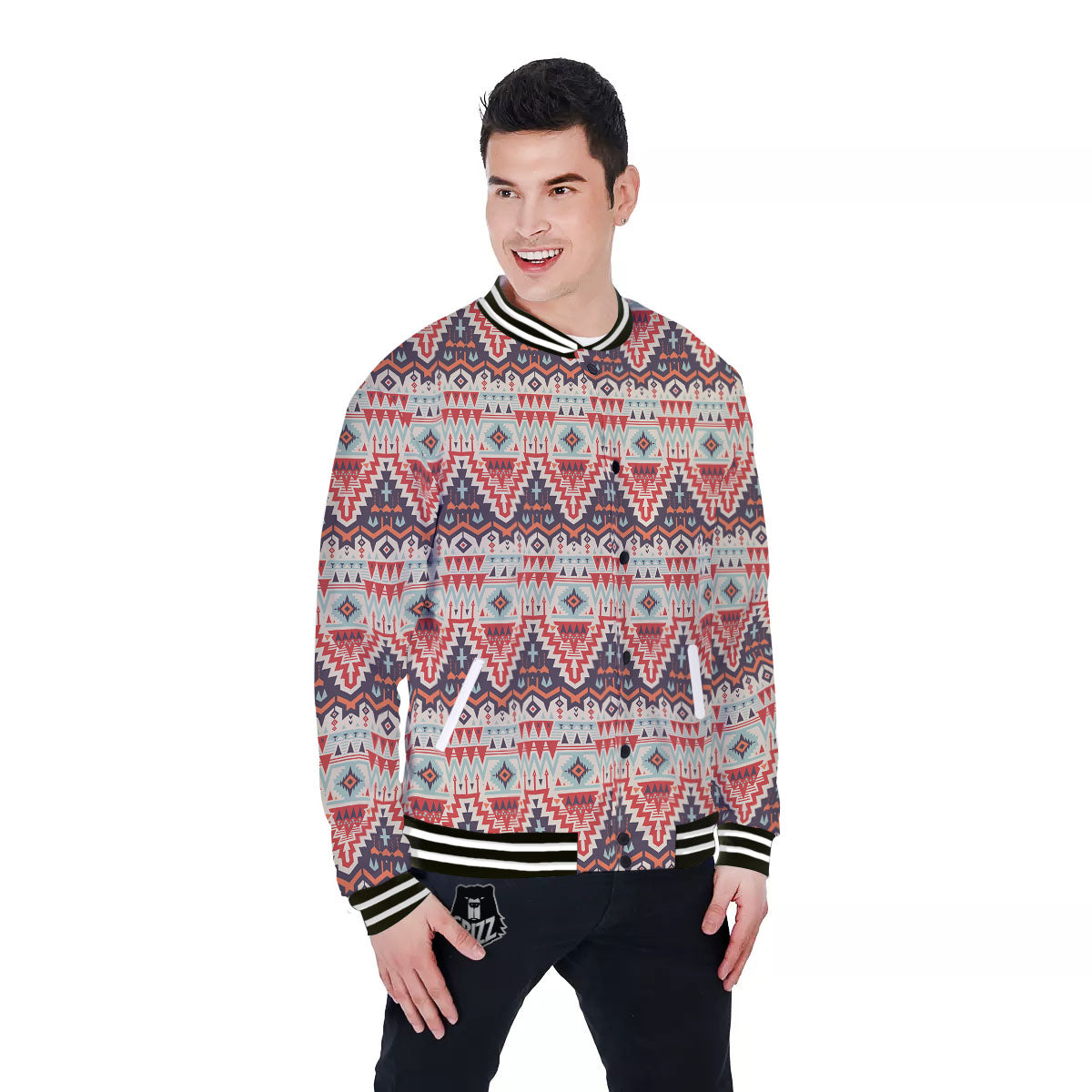 Geometric Ethnic Aztec Print Pattern Baseball Jacket-grizzshop