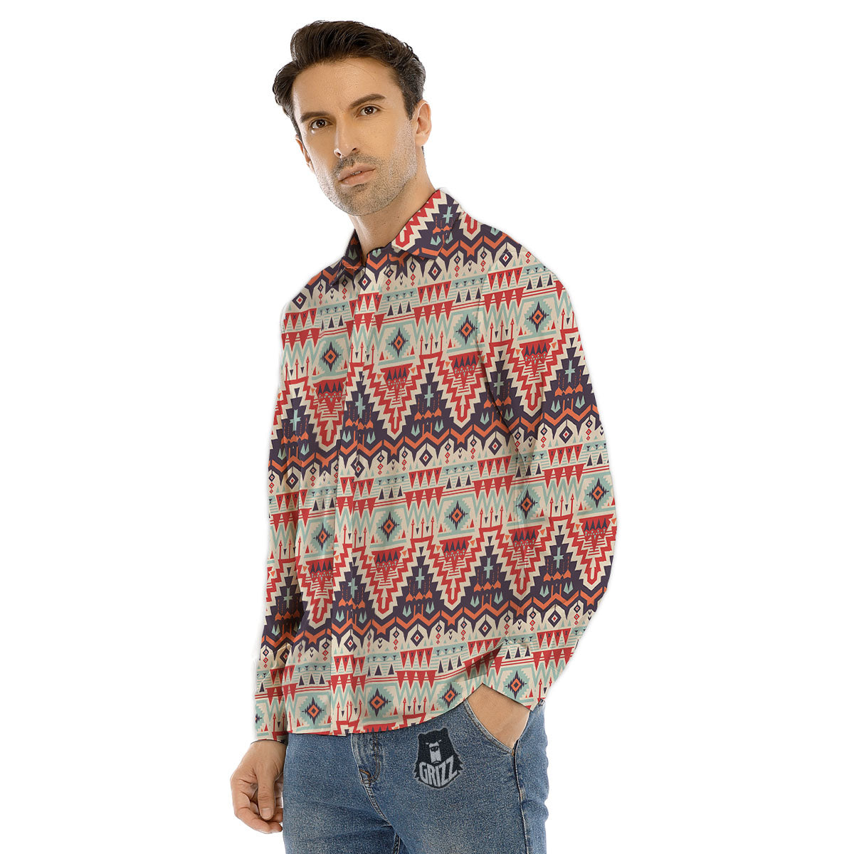 Geometric Ethnic Aztec Print Pattern Men's Dress Shirts-grizzshop