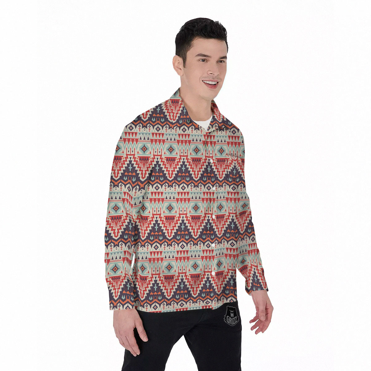 Geometric Ethnic Aztec Print Pattern Men's Long Sleeve Shirts-grizzshop