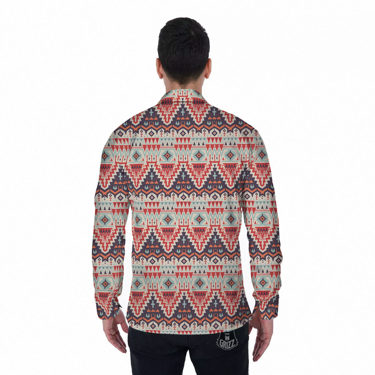 Geometric Ethnic Aztec Print Pattern Men's Long Sleeve Shirts-grizzshop