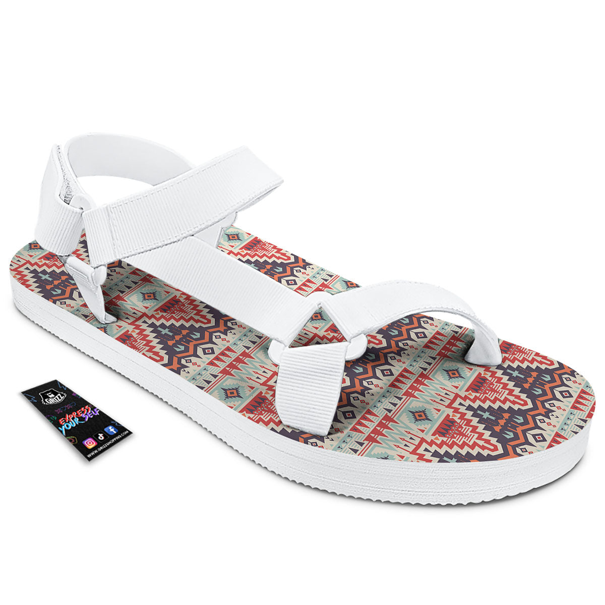 Geometric Ethnic Aztec Print Pattern White Open Toe Sandals-grizzshop