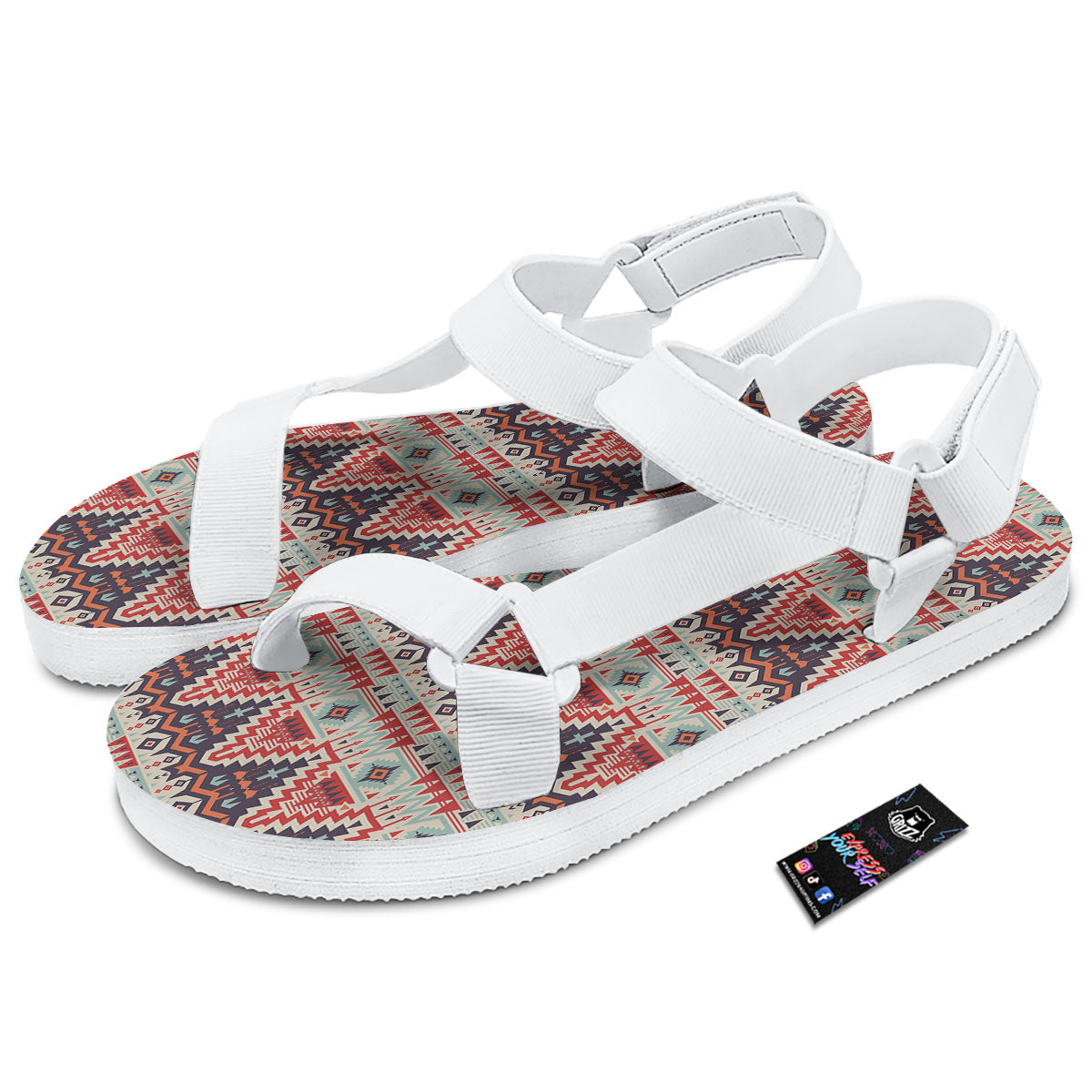 Geometric Ethnic Aztec Print Pattern White Open Toe Sandals-grizzshop