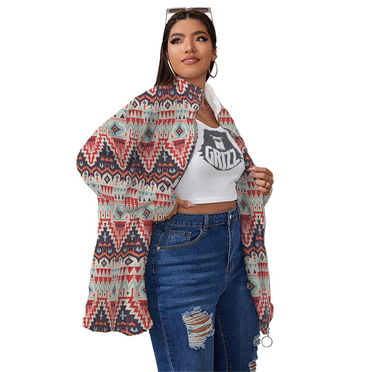 Geometric Ethnic Aztec Print Pattern Women's Sherpa Jacket-grizzshop
