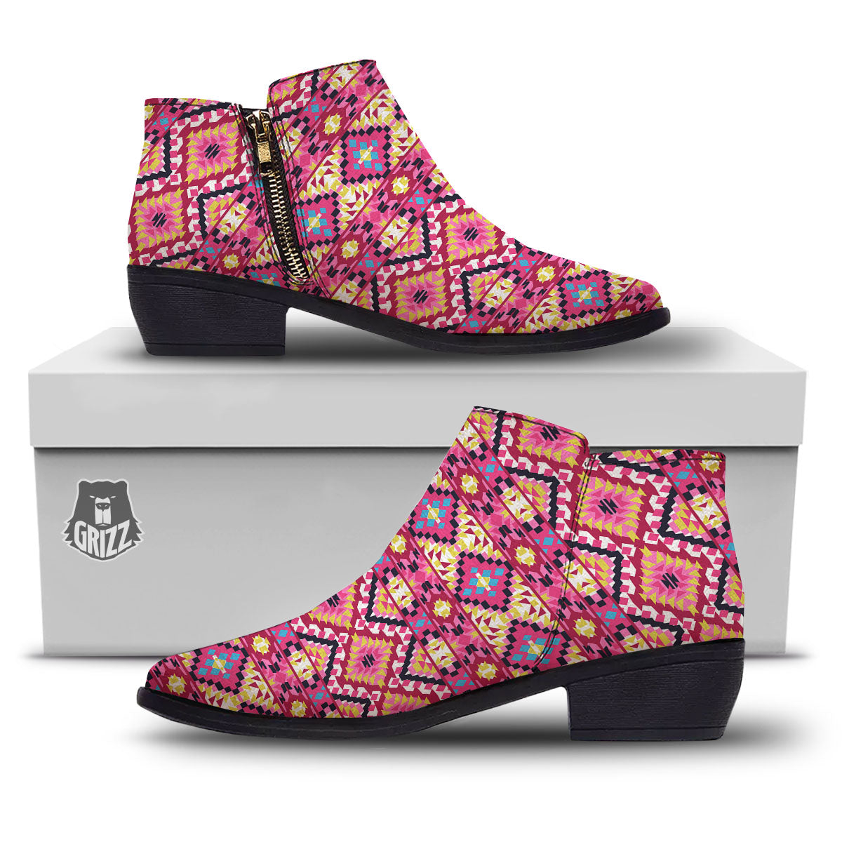 Geometric Ethnic Pink Aztec Print Pattern Ankle Boots-grizzshop
