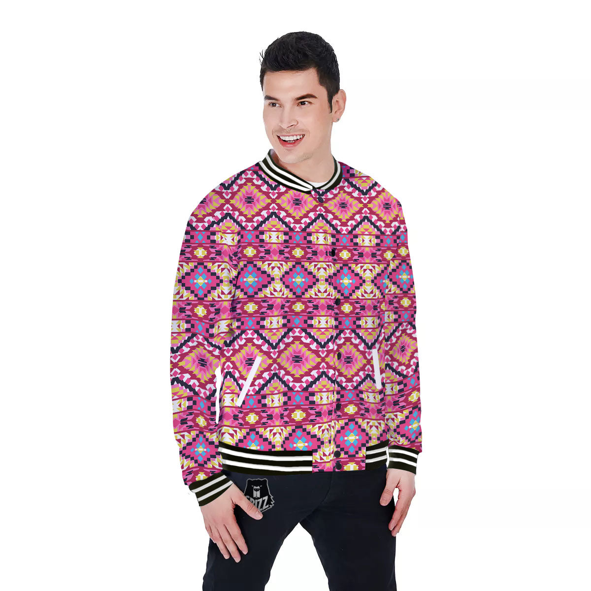 Geometric Ethnic Pink Aztec Print Pattern Baseball Jacket-grizzshop