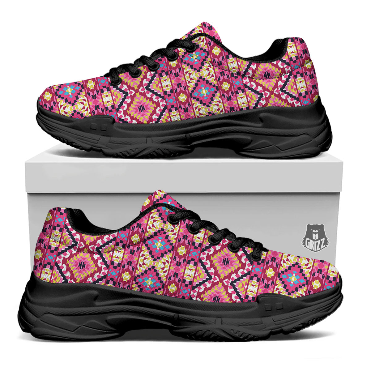 Geometric Ethnic Pink Aztec Print Pattern Black Chunky Shoes-grizzshop