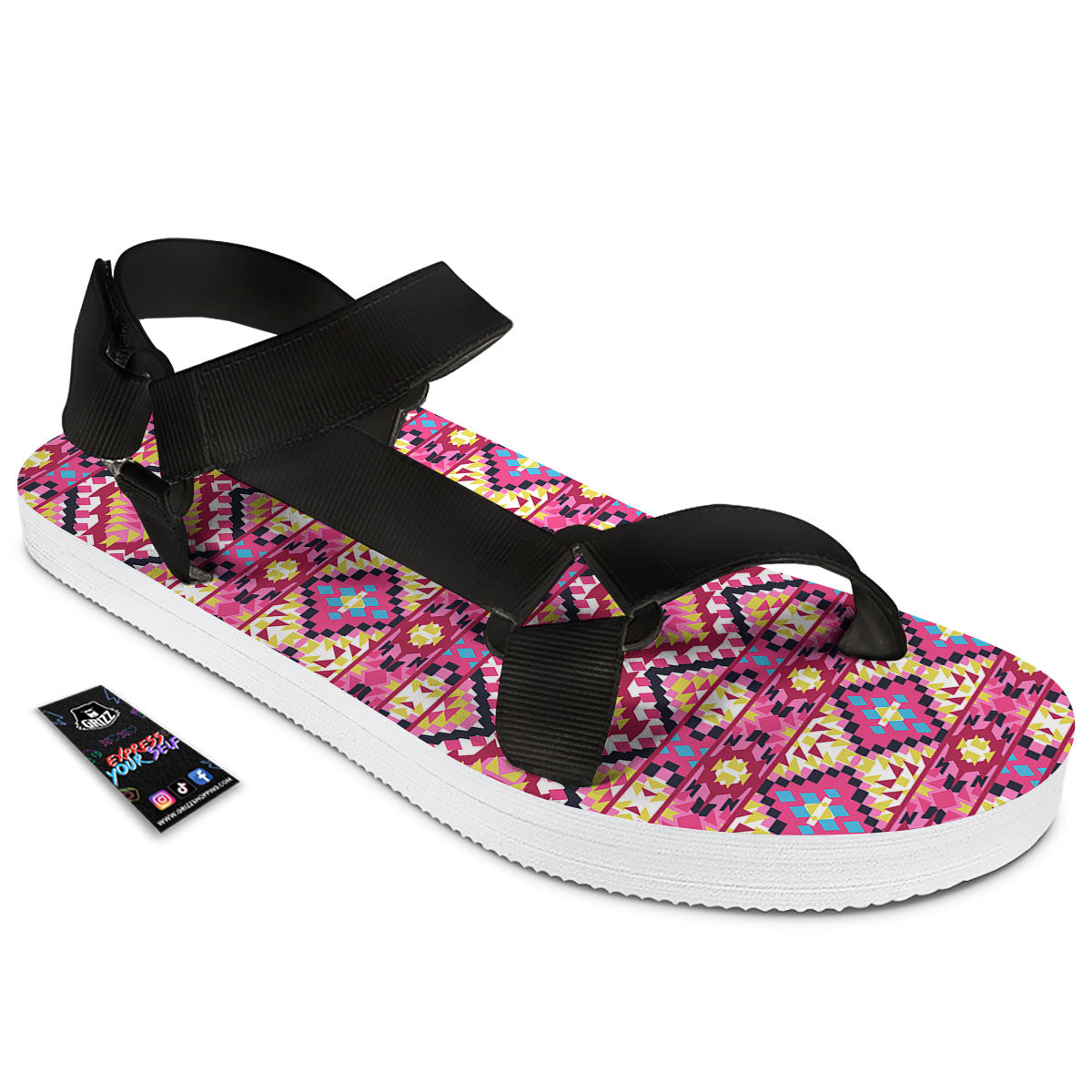 Geometric Ethnic Pink Aztec Print Pattern Black Open Toe Sandals-grizzshop