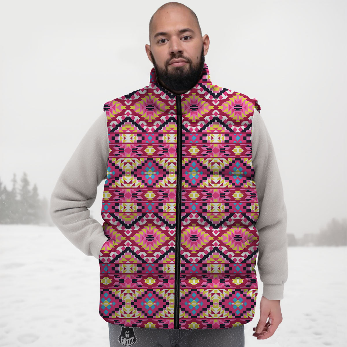 Geometric Ethnic Pink Aztec Print Pattern Down Vest