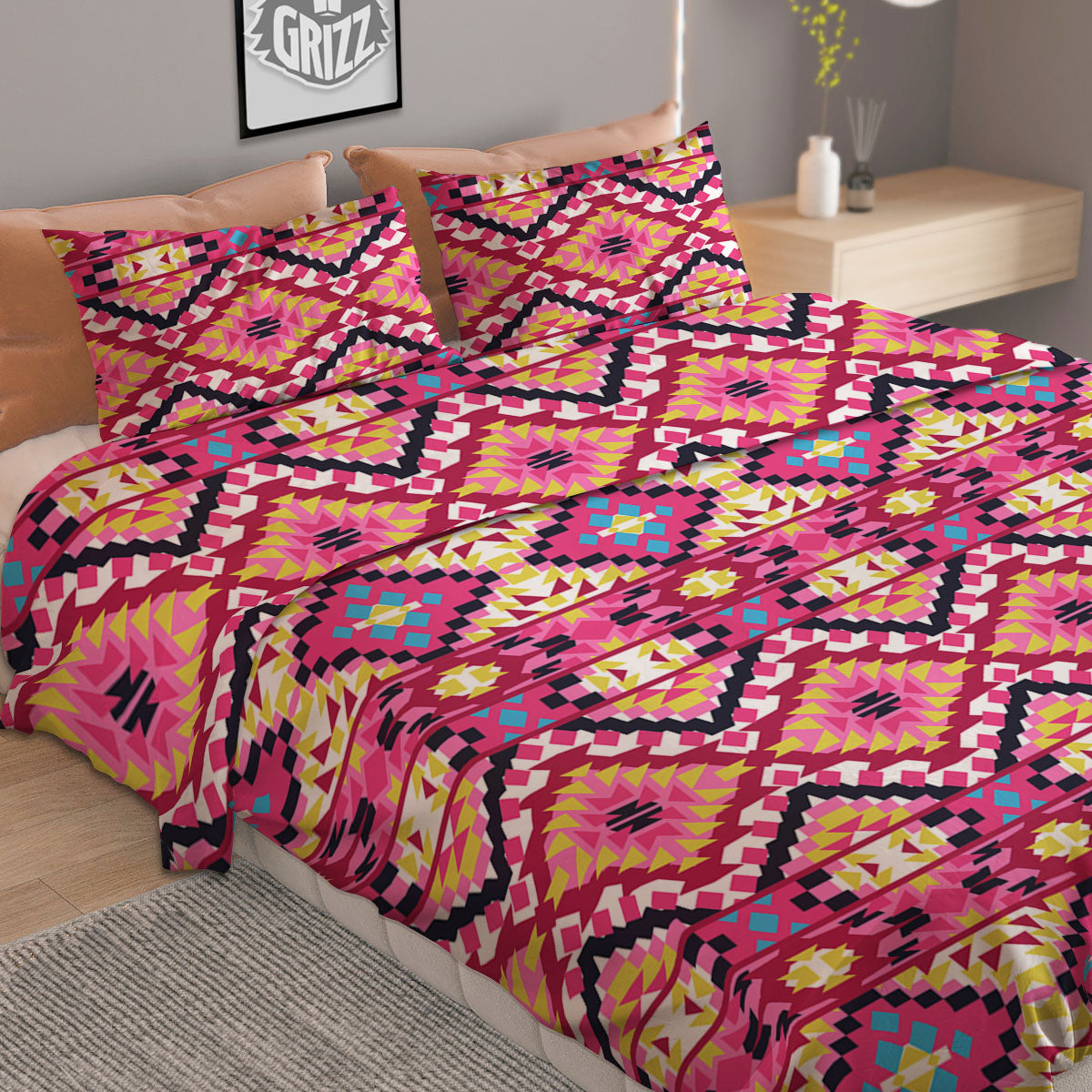 Geometric Ethnic Pink Aztec Print Pattern Duvet Cover Bedding Set