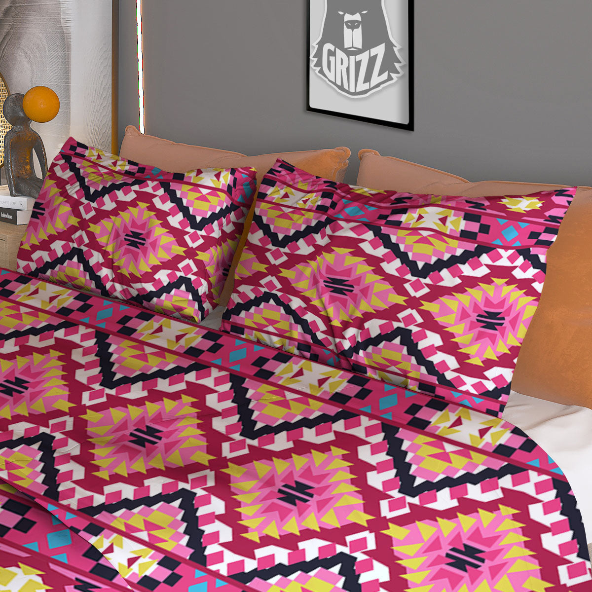 Geometric Ethnic Pink Aztec Print Pattern Duvet Cover Bedding Set