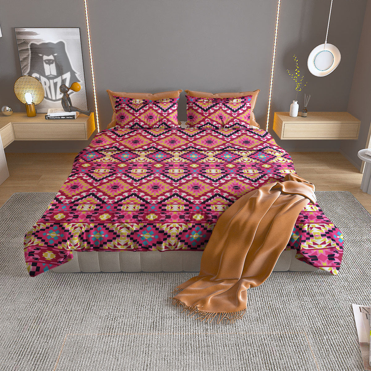 Geometric Ethnic Pink Aztec Print Pattern Duvet Cover Bedding Set