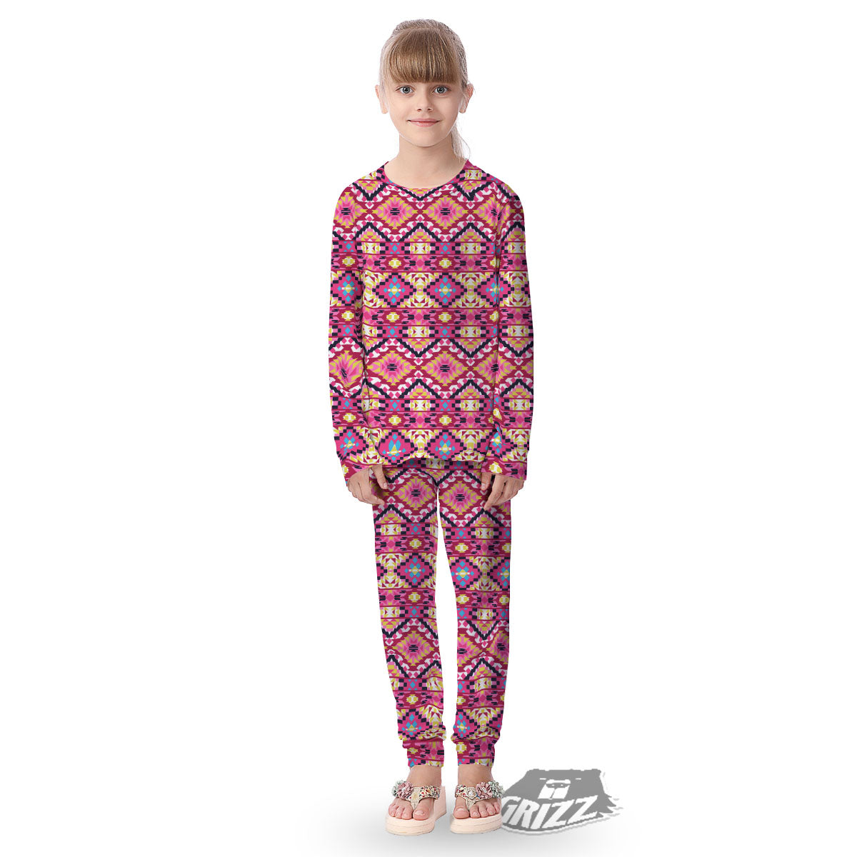 Geometric Ethnic Pink Aztec Print Pattern Kid's Pajamas-grizzshop
