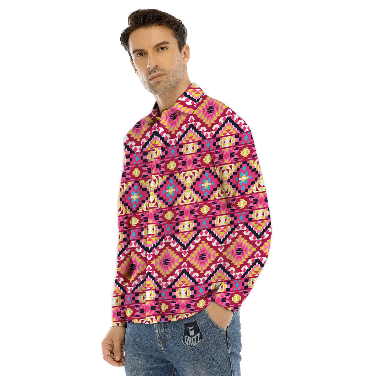 Geometric Ethnic Pink Aztec Print Pattern Men's Dress Shirts-grizzshop