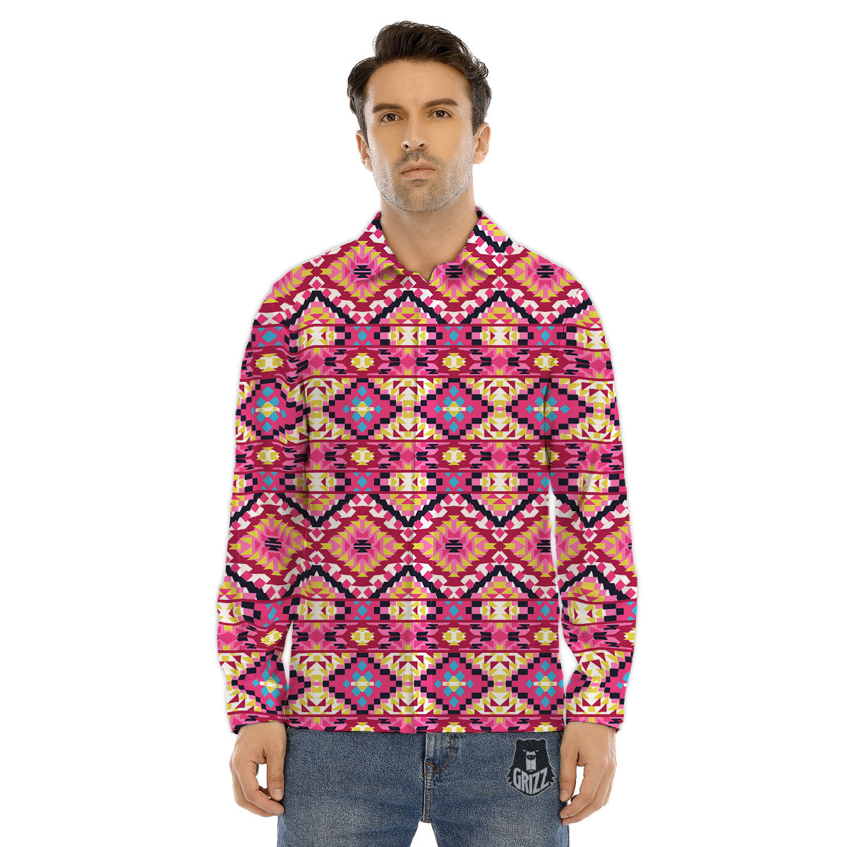 Geometric Ethnic Pink Aztec Print Pattern Men's Dress Shirts-grizzshop