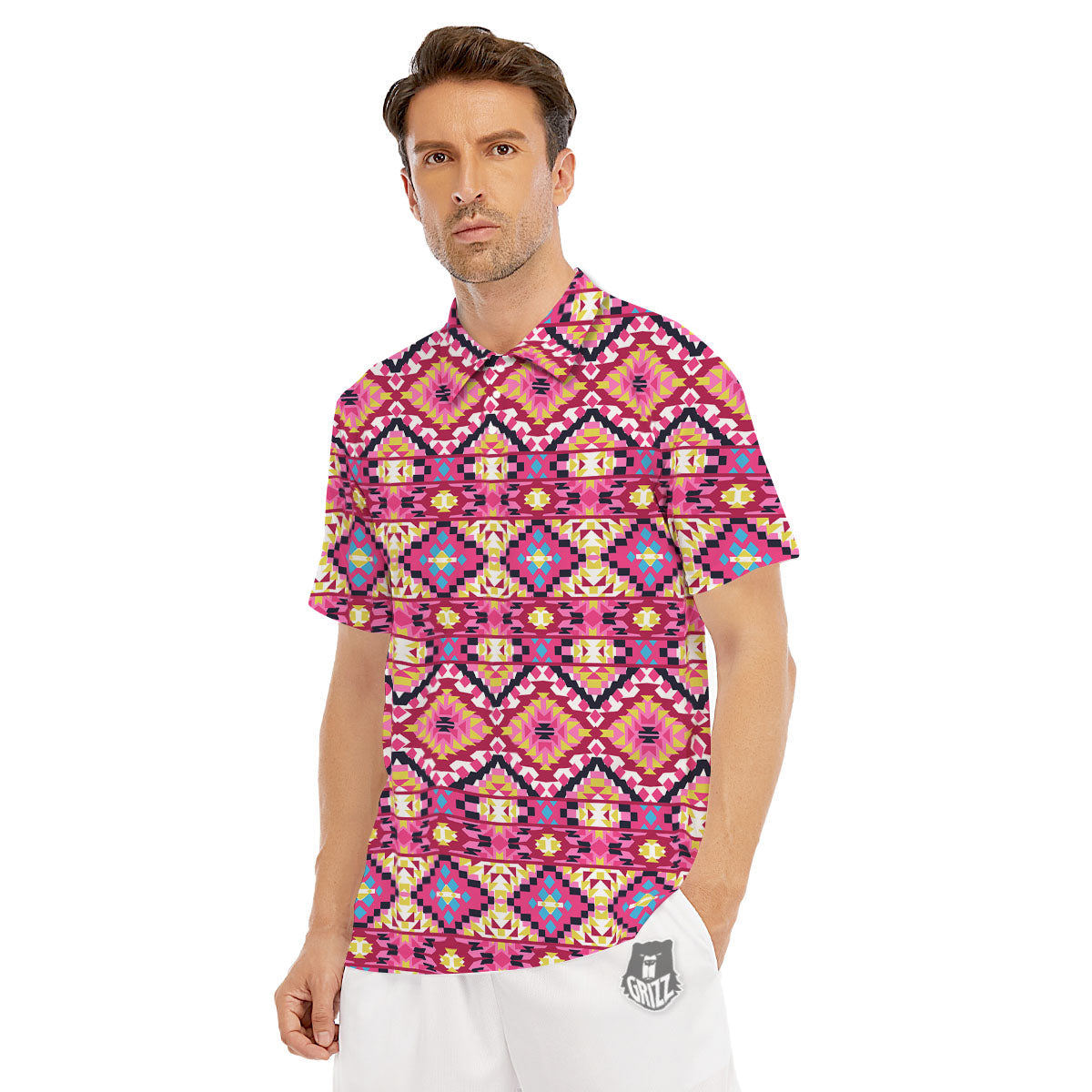 Geometric Ethnic Pink Aztec Print Pattern Men's Golf Shirts-grizzshop