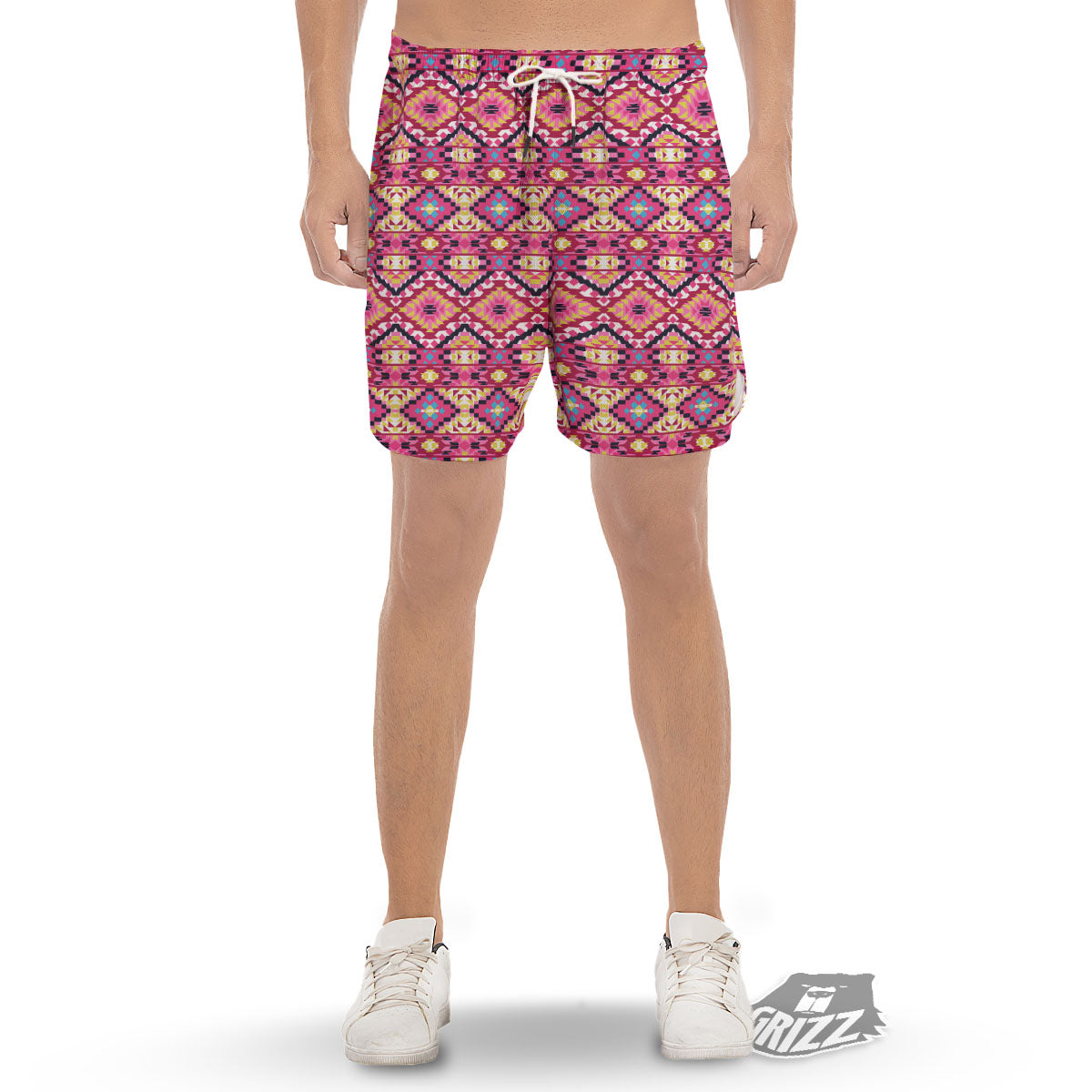 Geometric Ethnic Pink Aztec Print Pattern Men's Gym Shorts-grizzshop