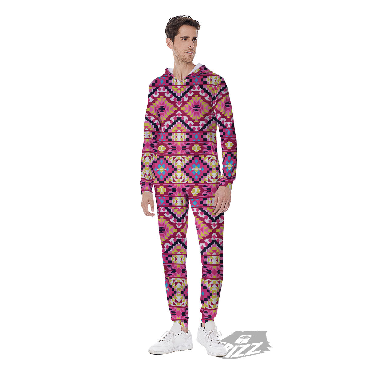 Geometric Ethnic Pink Aztec Print Pattern Men's Jumpsuit-grizzshop