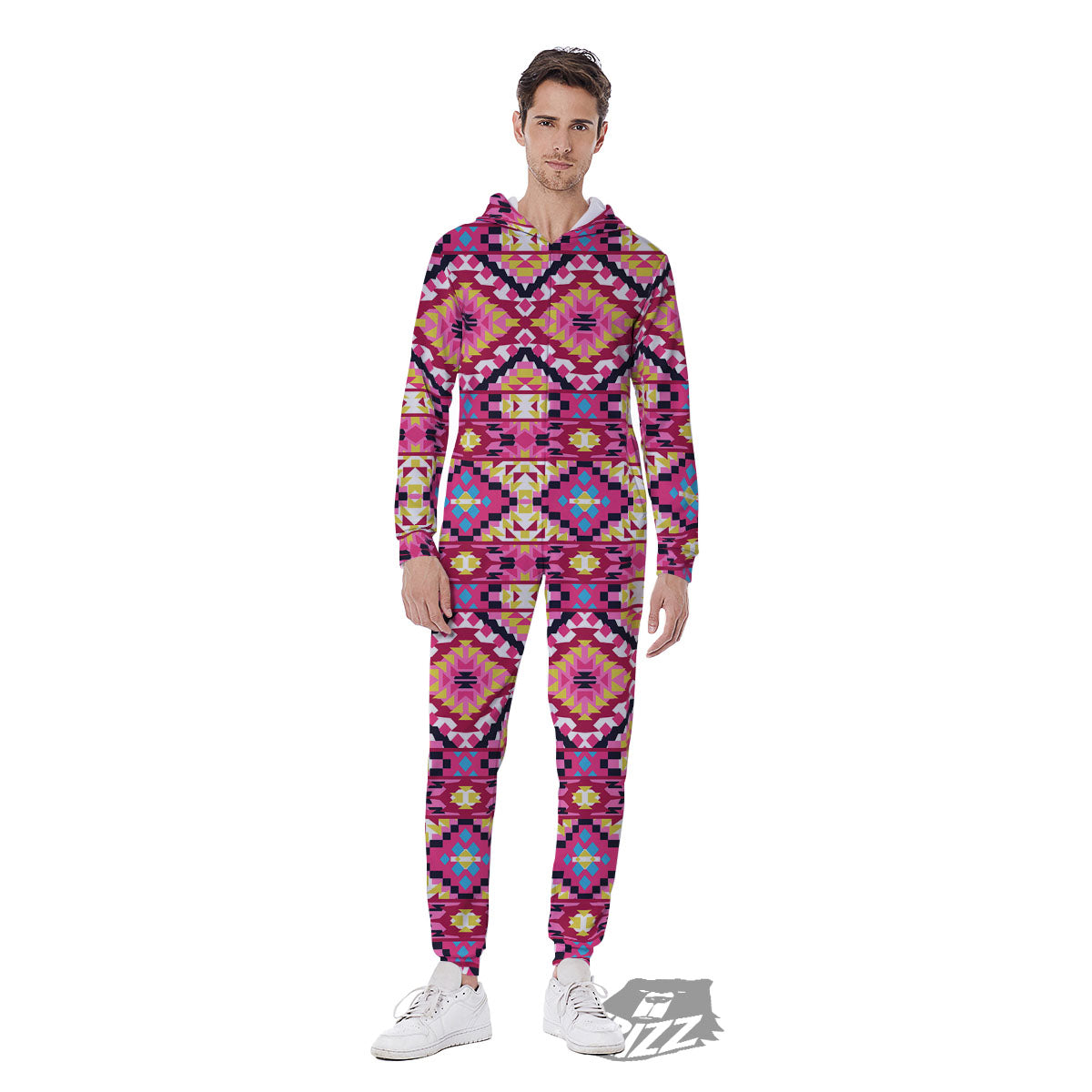 Geometric Ethnic Pink Aztec Print Pattern Men's Jumpsuit-grizzshop