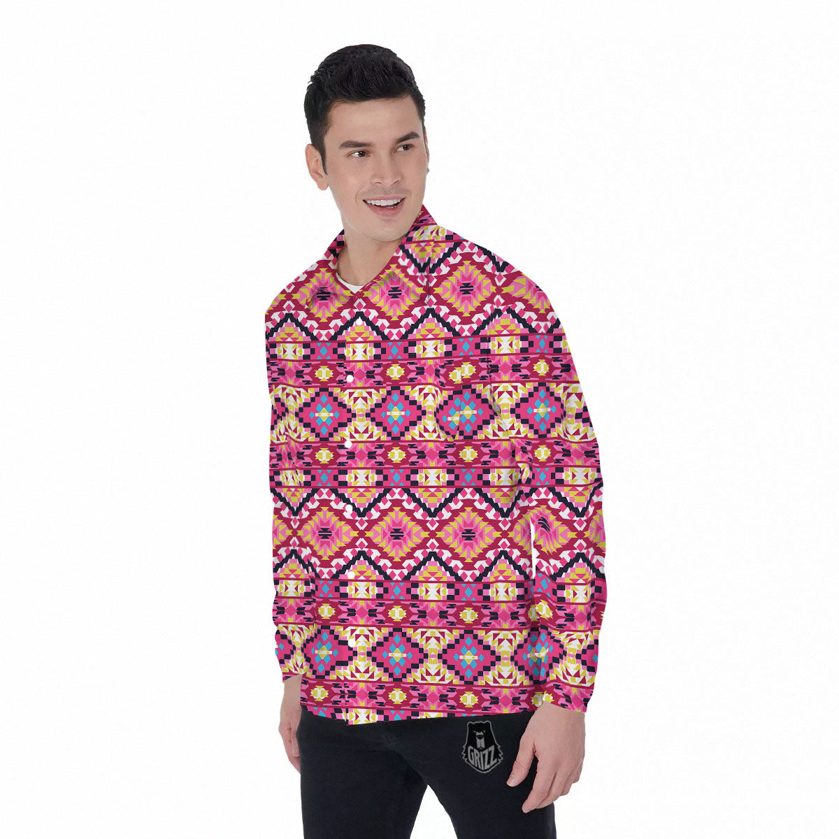 Geometric Ethnic Pink Aztec Print Pattern Men's Long Sleeve Shirts-grizzshop