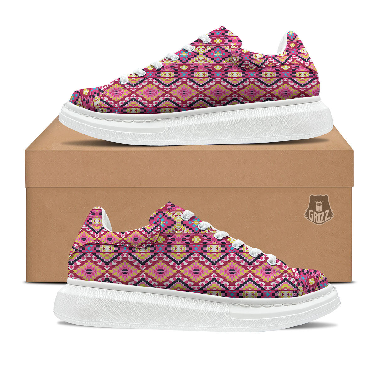 Geometric Ethnic Pink Aztec Print Pattern Platform Shoes-grizzshop