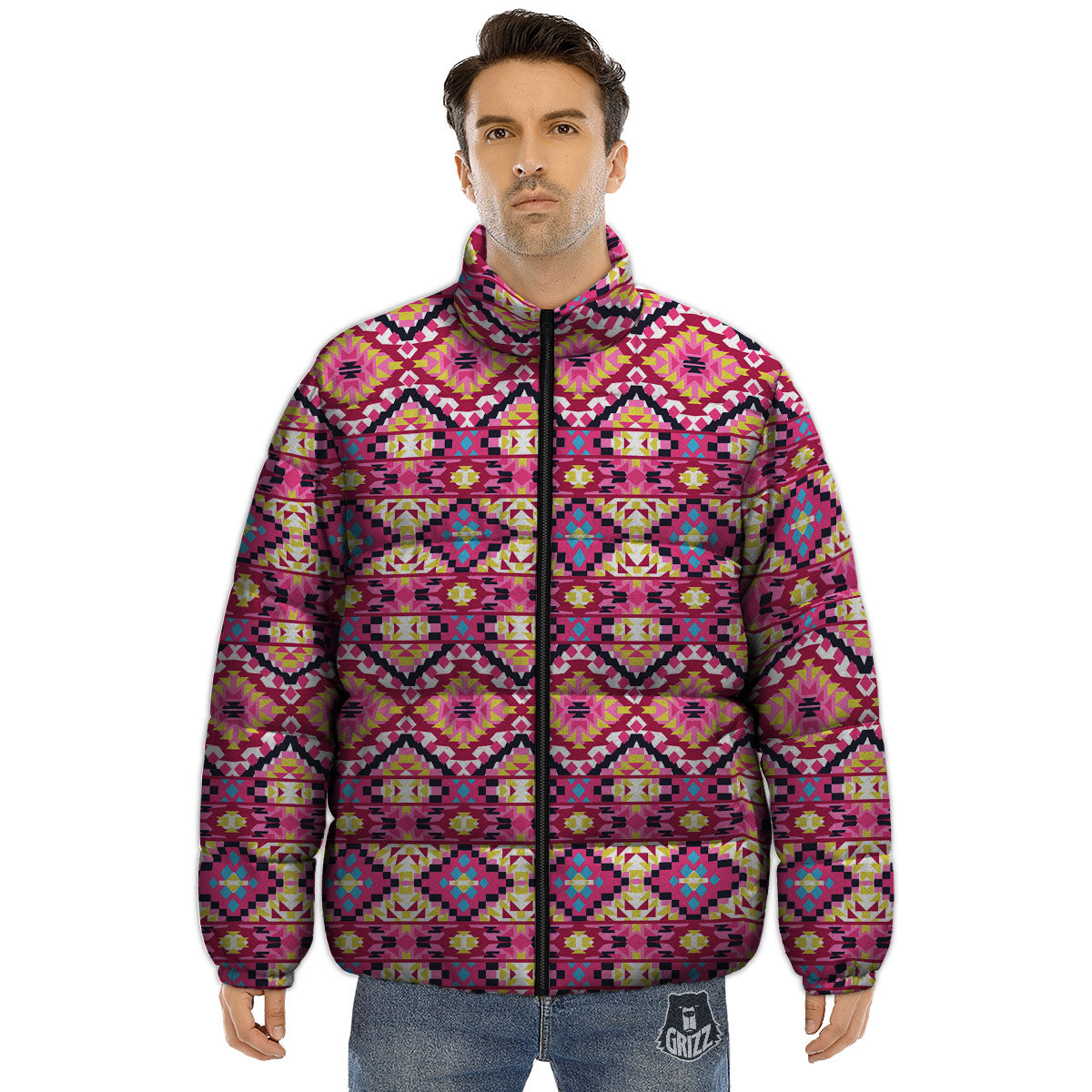 Geometric Ethnic Pink Aztec Print Pattern Puffer Jacket-grizzshop