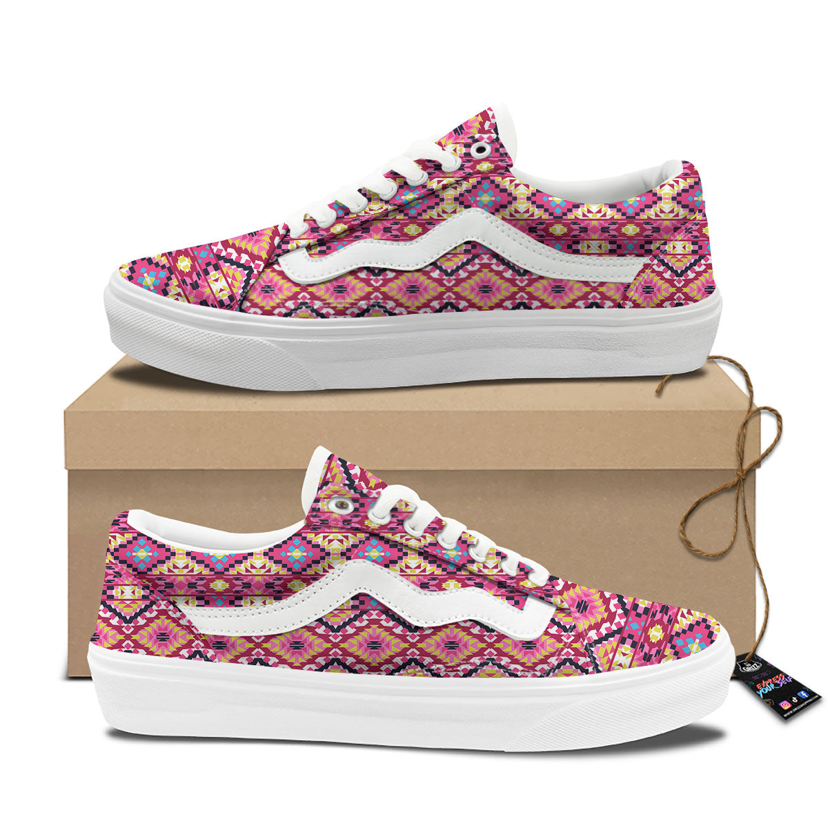 Geometric Ethnic Pink Aztec Print Pattern Skate Shoes-grizzshop