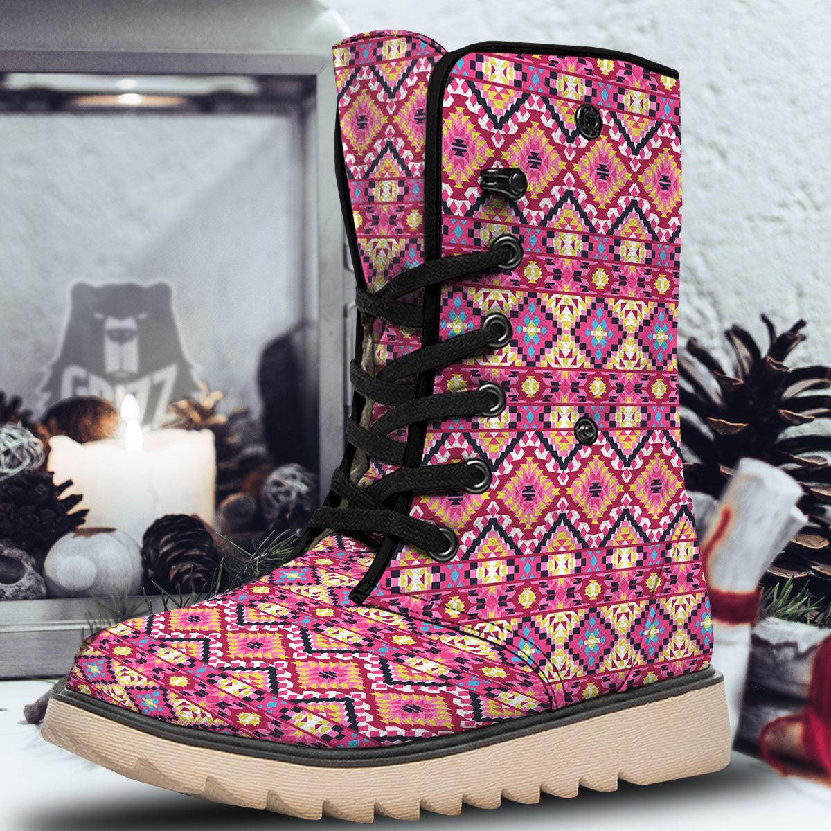 Geometric Ethnic Pink Aztec Print Pattern Snow Boots-grizzshop