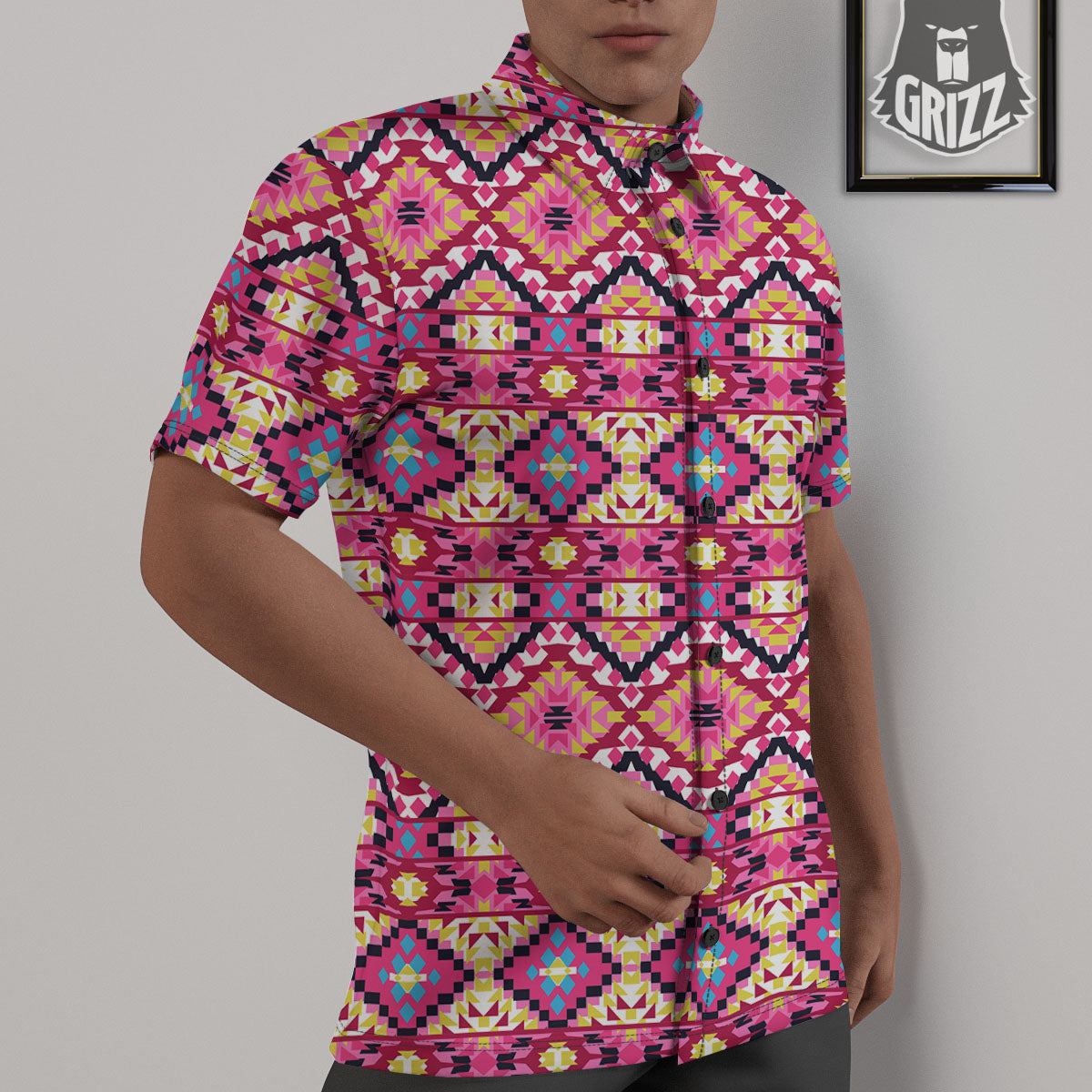 Geometric Ethnic Pink Aztec Print Pattern Untucked Shirts-grizzshop