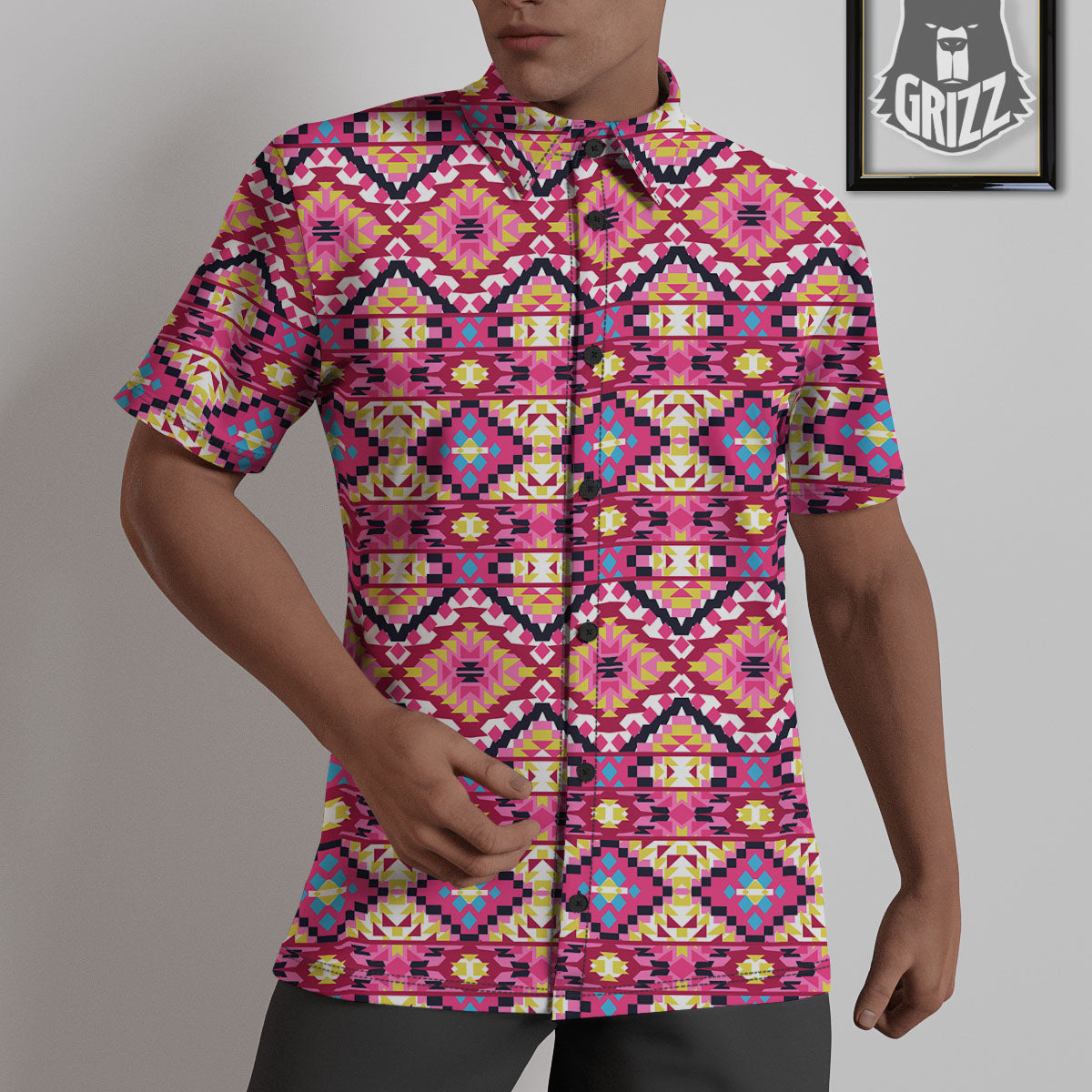 Geometric Ethnic Pink Aztec Print Pattern Untucked Shirts-grizzshop