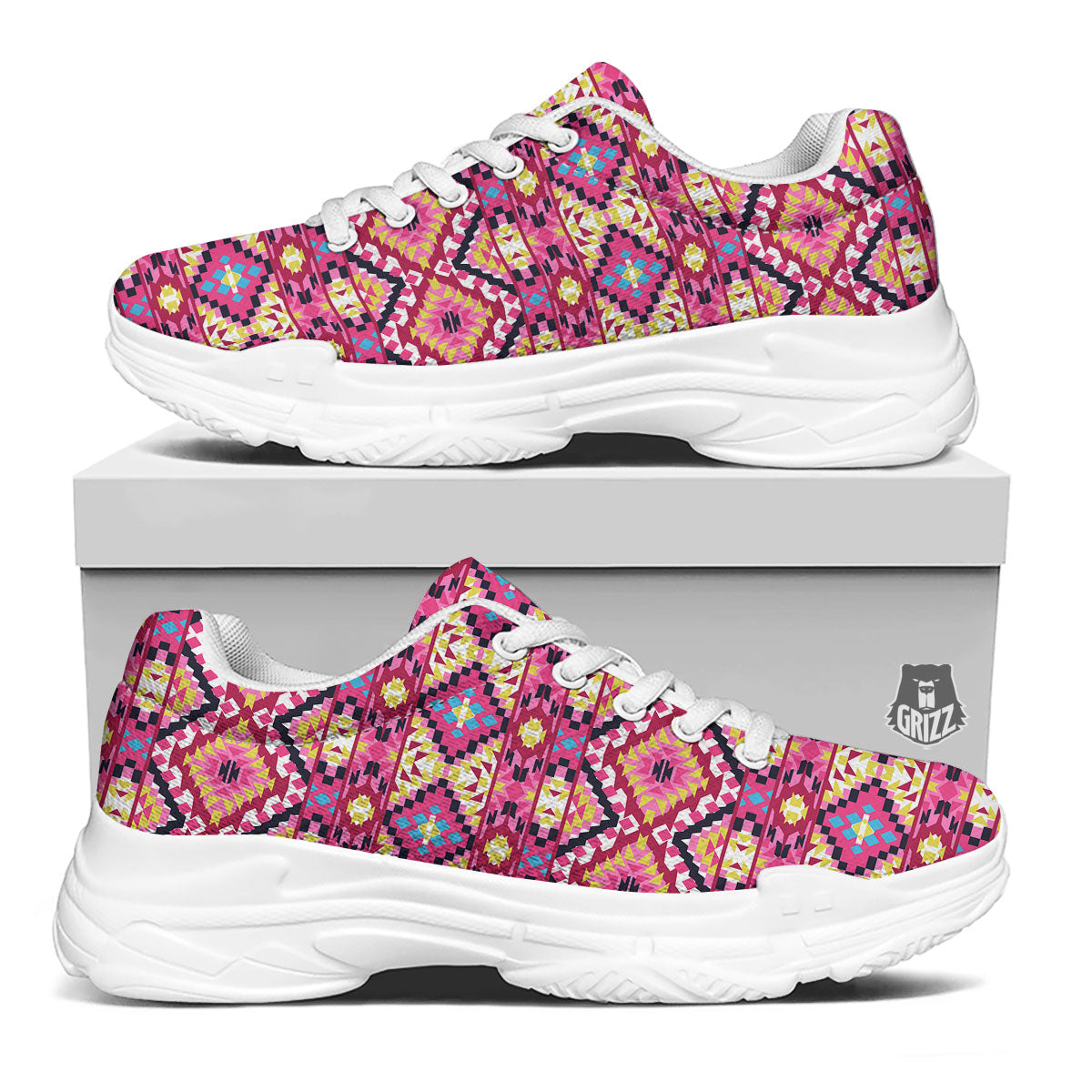 Geometric Ethnic Pink Aztec Print Pattern White Chunky Shoes-grizzshop