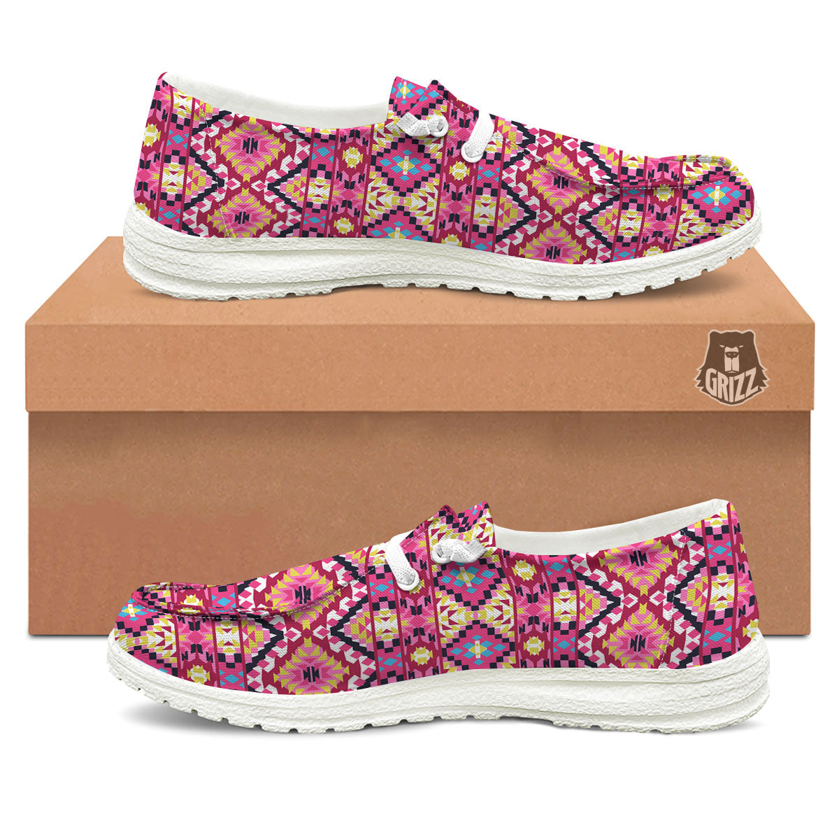 Geometric Ethnic Pink Aztec Print Pattern White Loafers-grizzshop