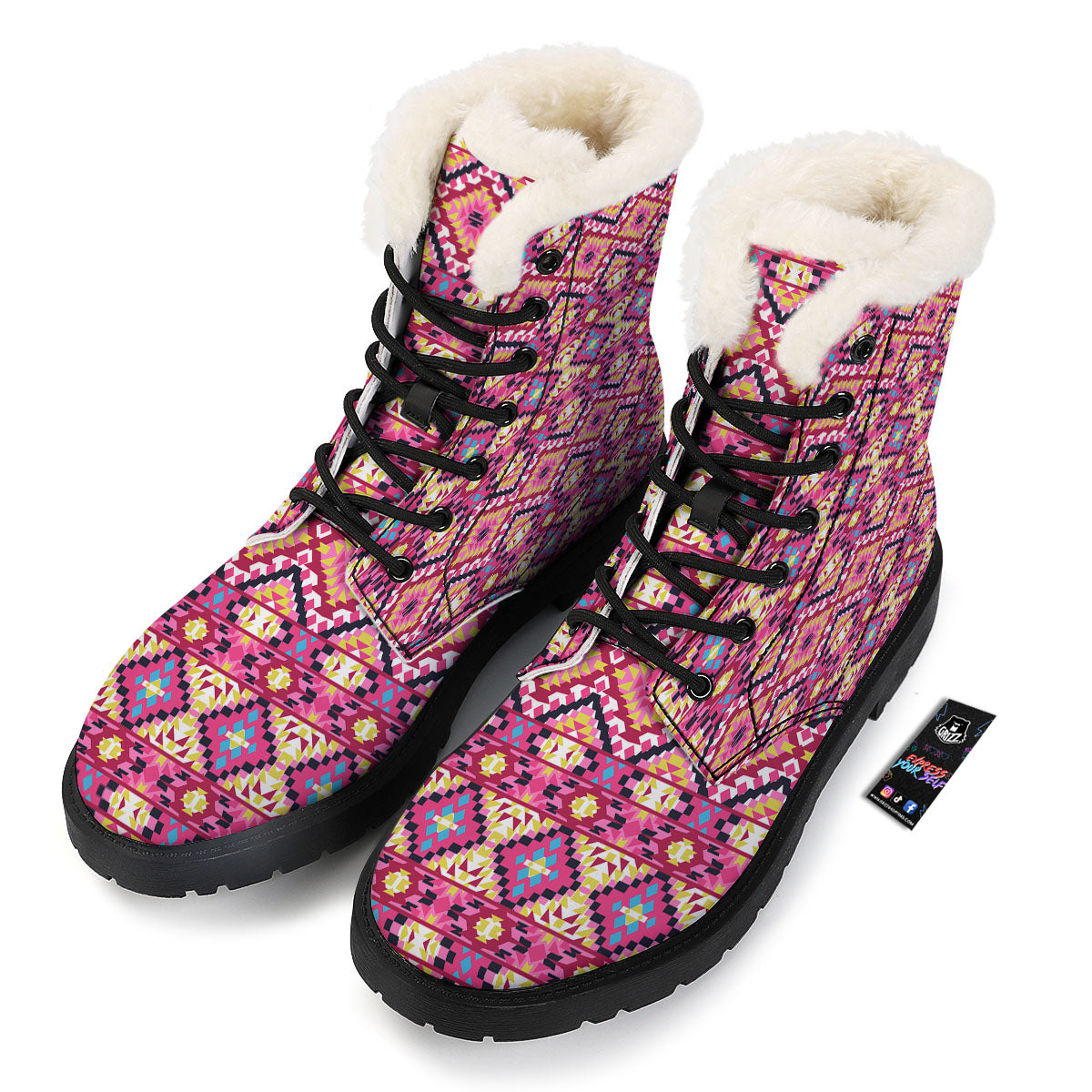 Geometric Ethnic Pink Aztec Print Pattern Winter Boots-grizzshop