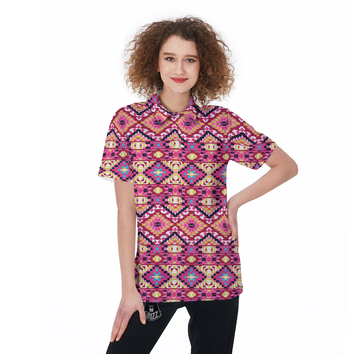 Geometric Ethnic Pink Aztec Print Pattern Women's Golf Shirts-grizzshop