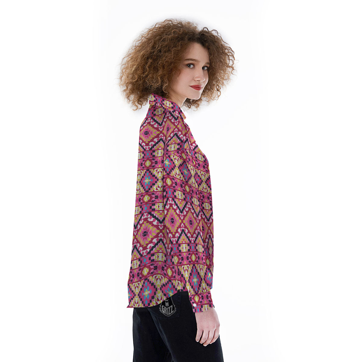 Geometric Ethnic Pink Aztec Print Pattern Women's Long Sleeve Shirts-grizzshop