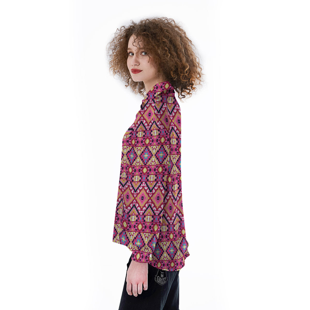 Geometric Ethnic Pink Aztec Print Pattern Women's Long Sleeve Shirts-grizzshop