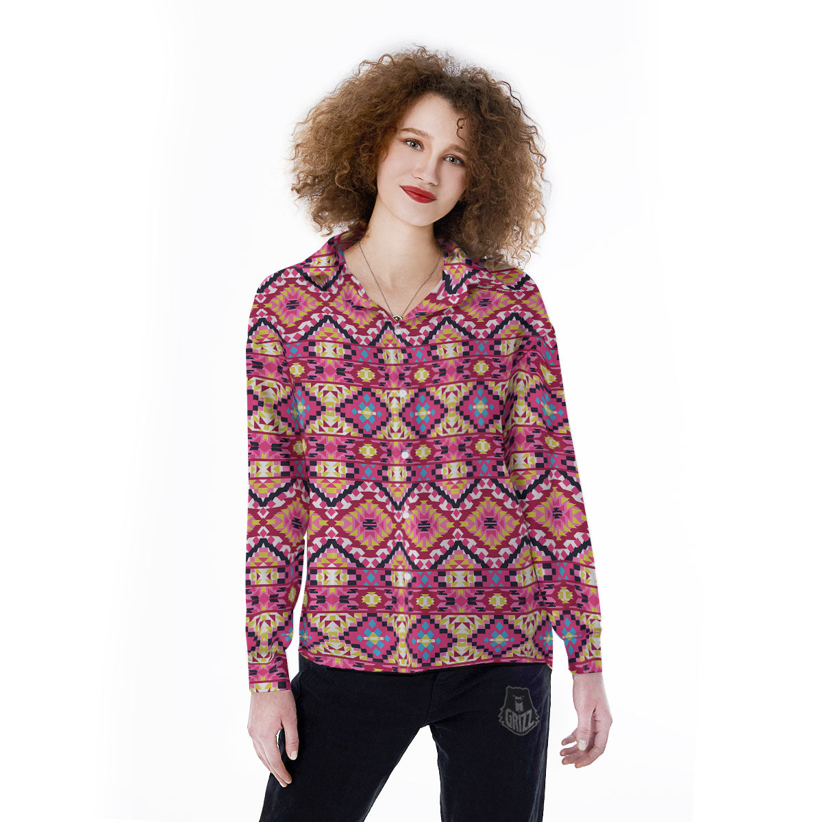 Geometric Ethnic Pink Aztec Print Pattern Women's Long Sleeve Shirts-grizzshop
