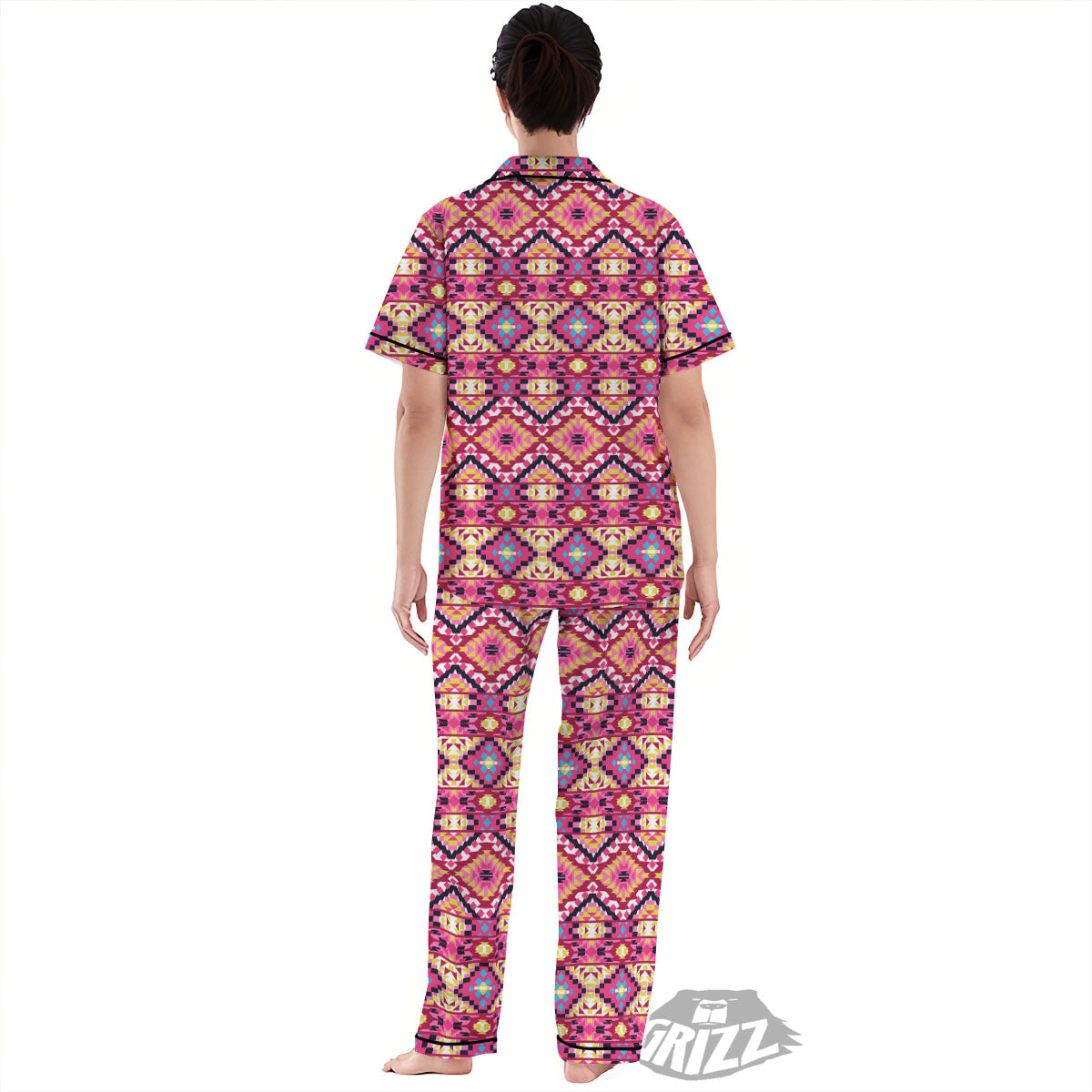Geometric Ethnic Pink Aztec Print Pattern Women's Pajamas Set-grizzshop
