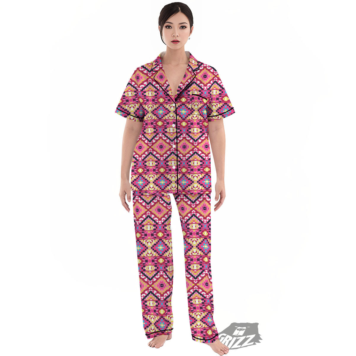 Geometric Ethnic Pink Aztec Print Pattern Women's Pajamas Set-grizzshop