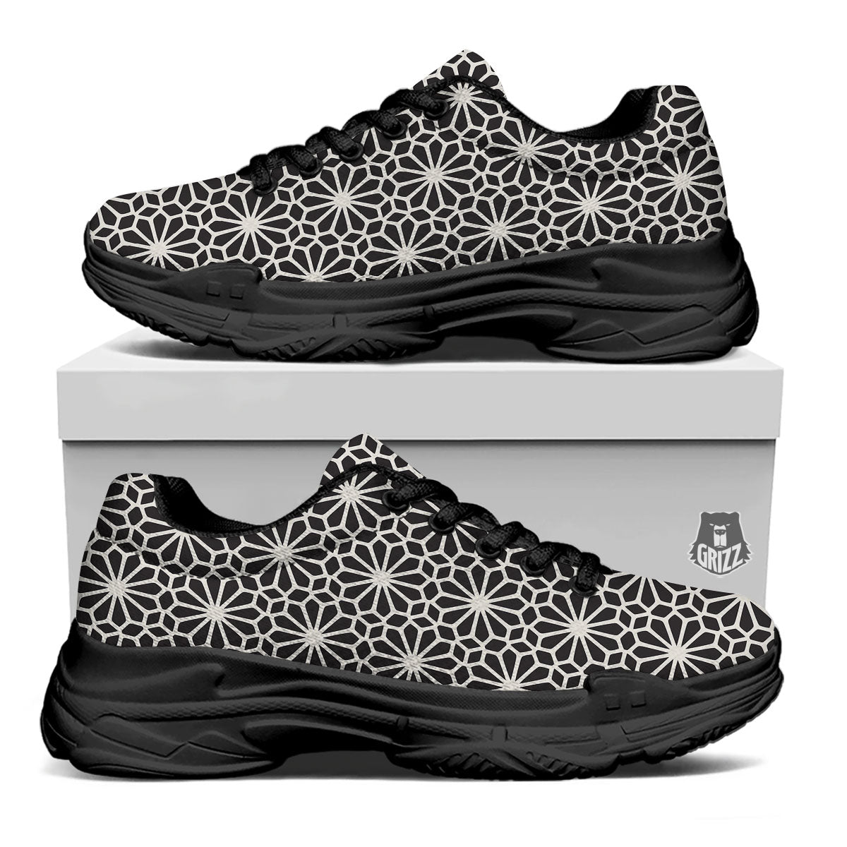 Geometric Floral White And Black Print Black Chunky Shoes-grizzshop
