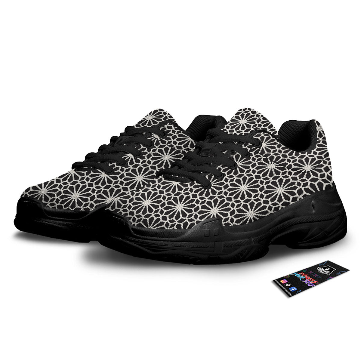 Geometric Floral White And Black Print Black Chunky Shoes-grizzshop