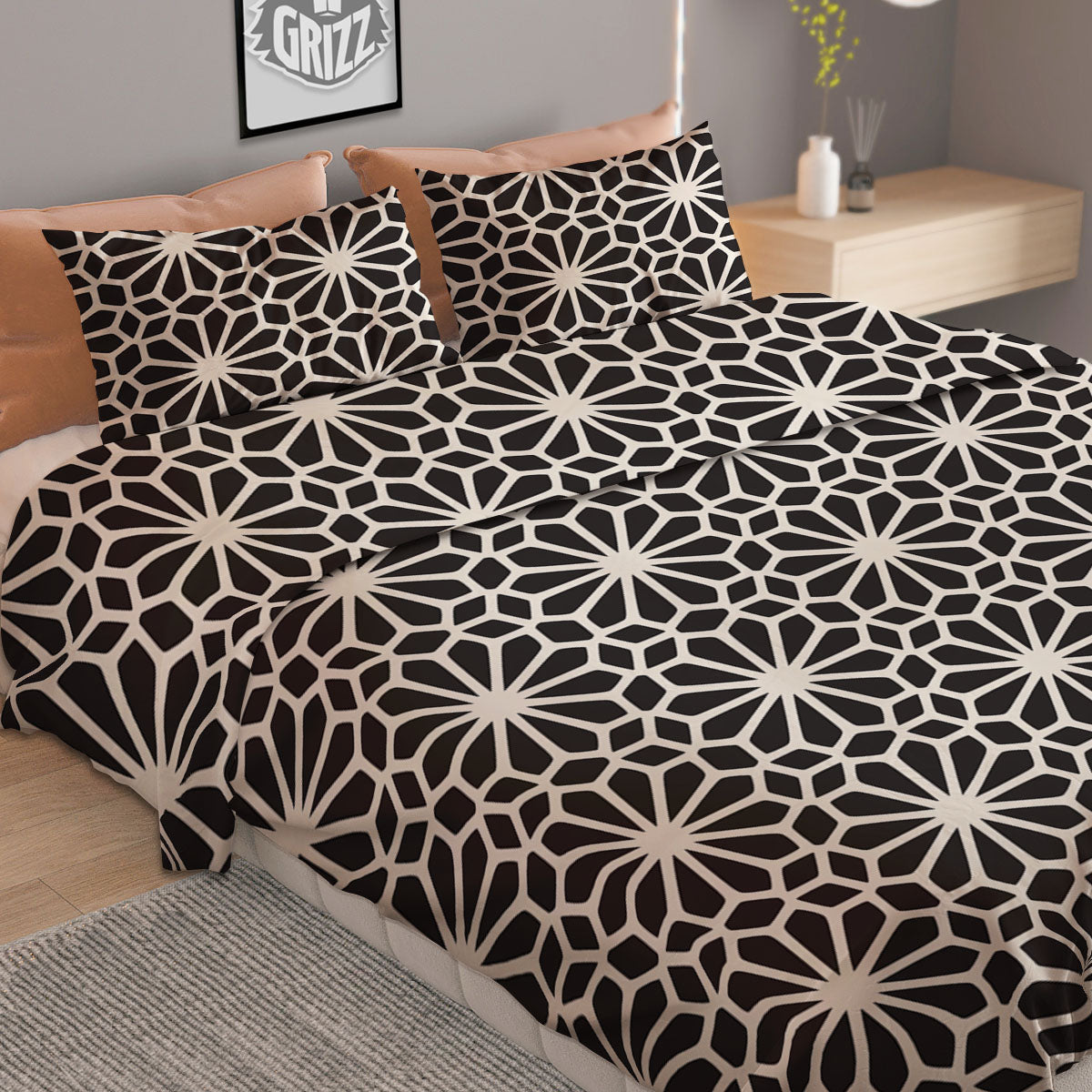 Geometric Floral White And Black Print Duvet Cover Bedding Set