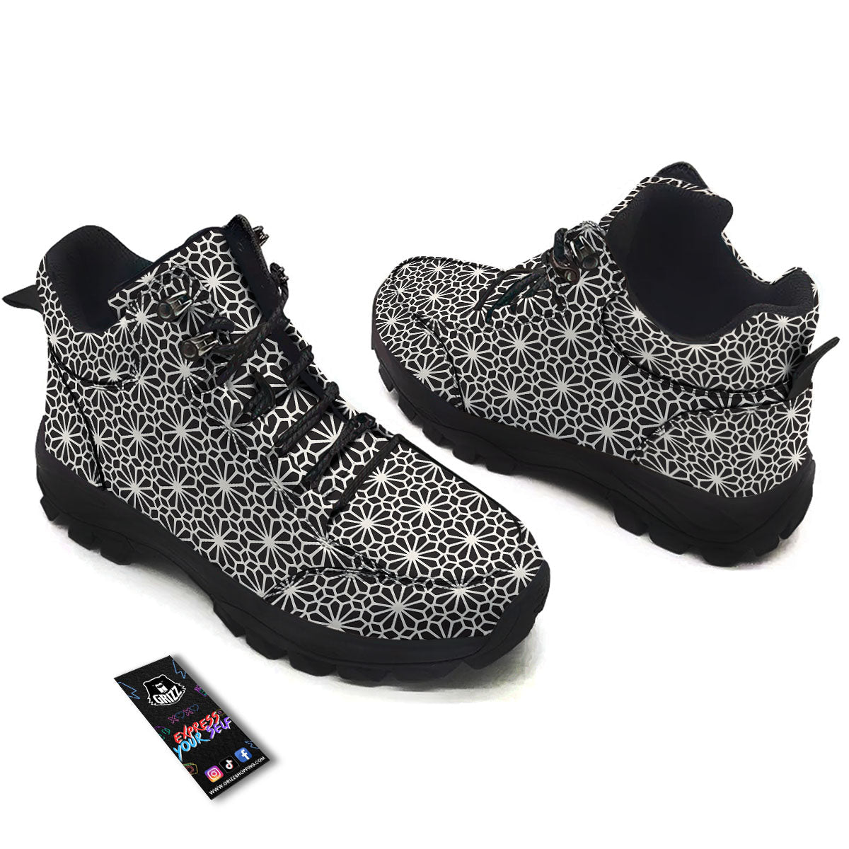 Geometric Floral White And Black Print Hiking Shoes-grizzshop