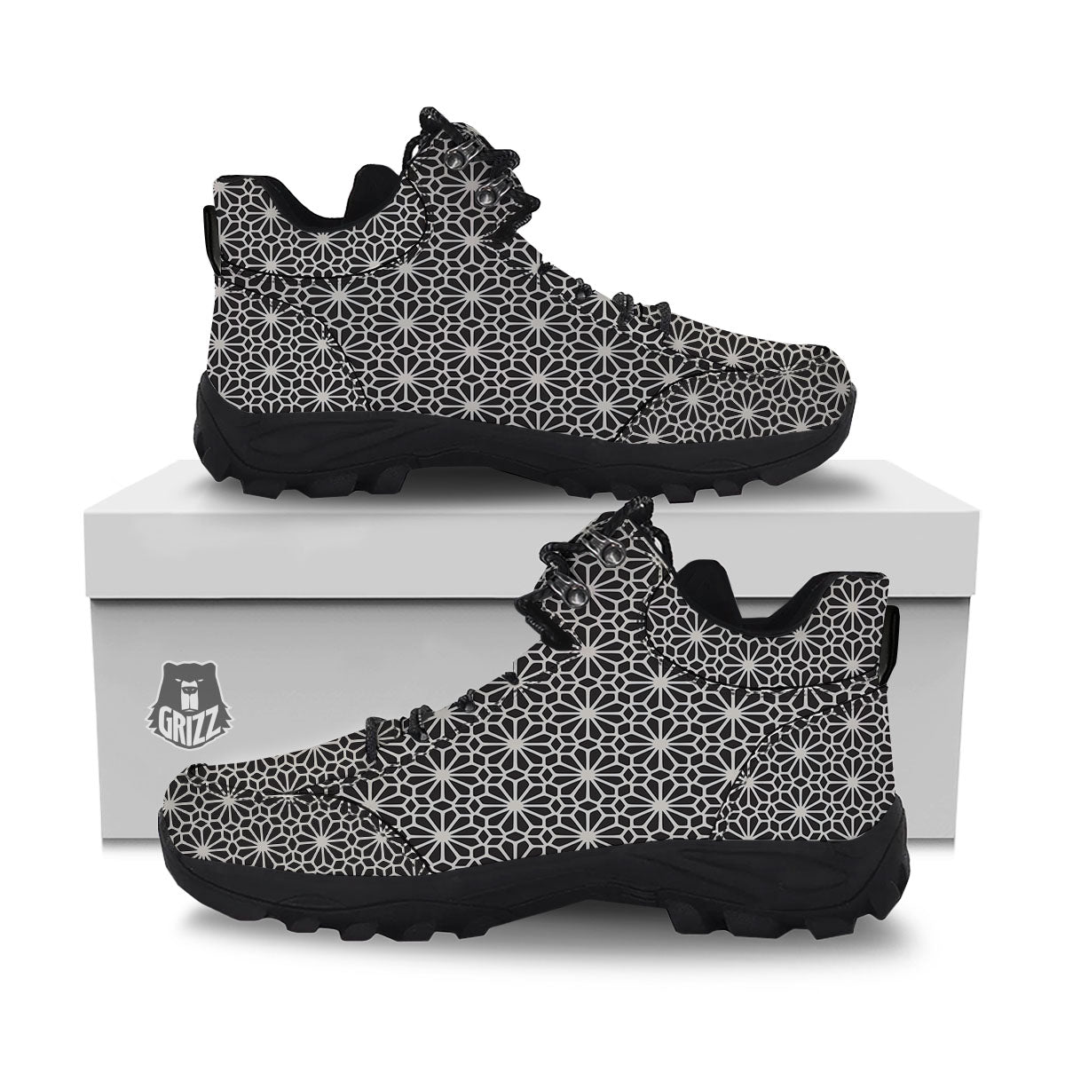 Geometric Floral White And Black Print Hiking Shoes-grizzshop