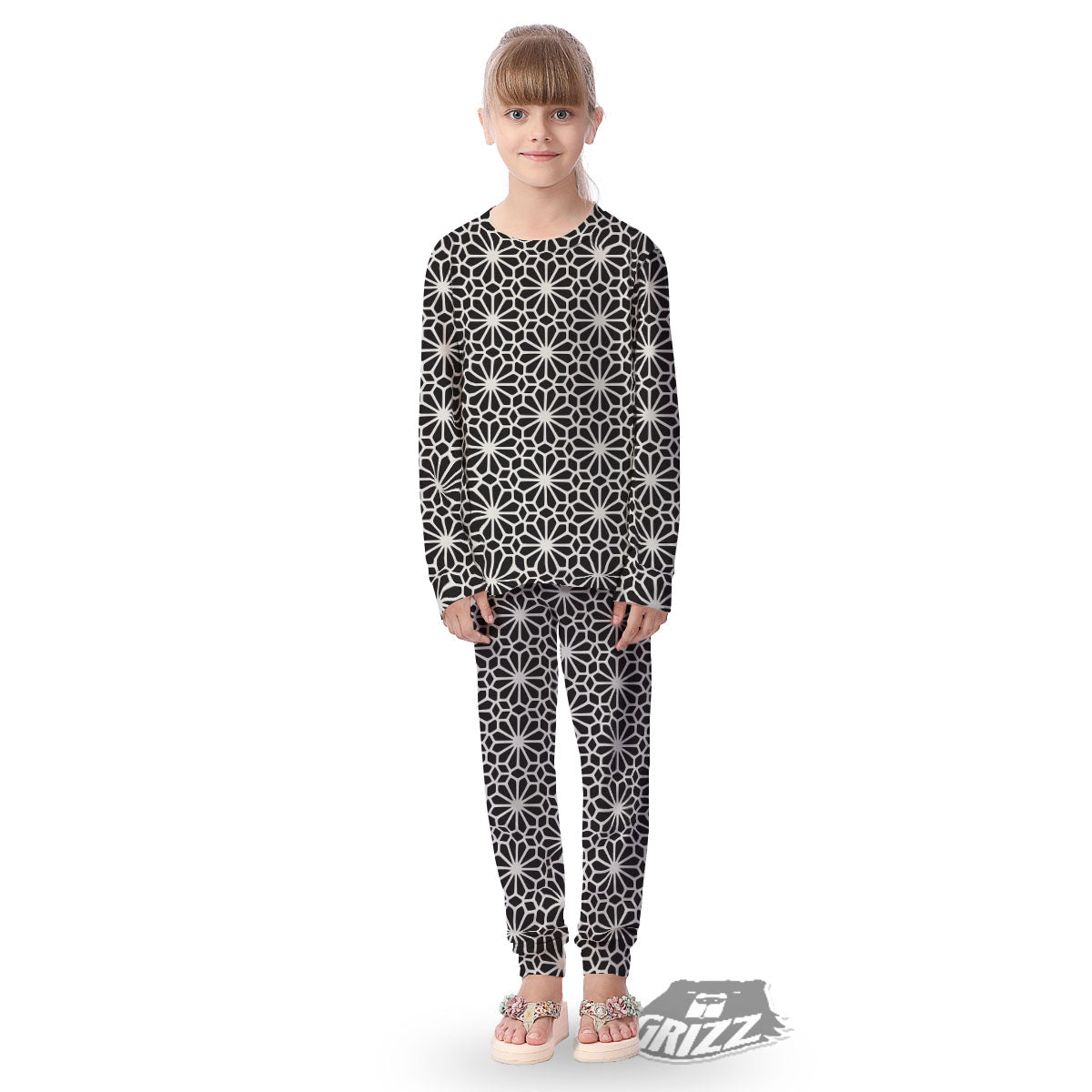 Geometric Floral White And Black Print Kid's Pajamas-grizzshop