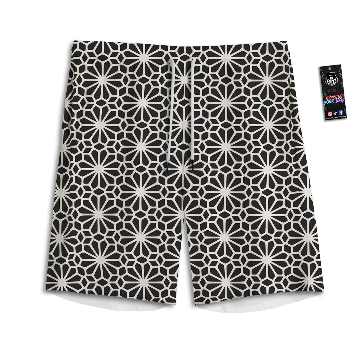 Geometric Floral White And Black Print Men's Athletic Shorts
