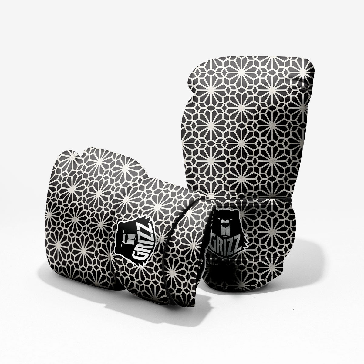 Geometric Floral White And Black Print Pro Boxing Glove