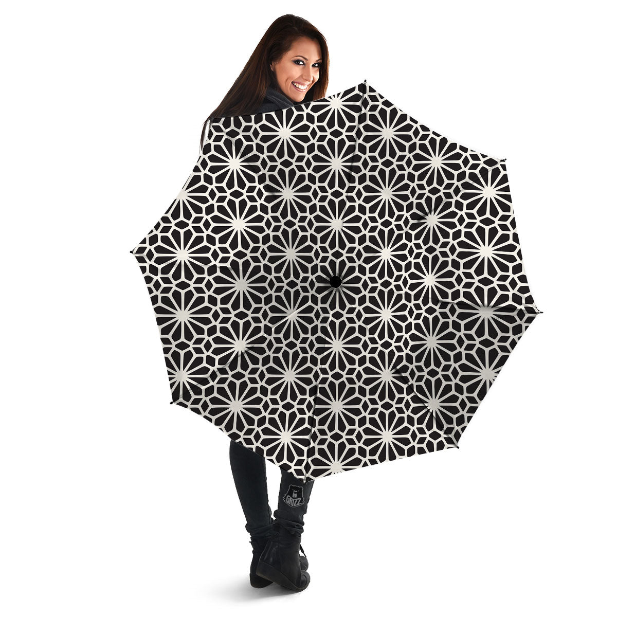 Geometric Floral White And Black Print Umbrella-grizzshop